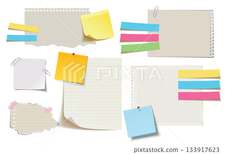Set of various blank notes, sticky papers, torn sheets, grid pages 133917623