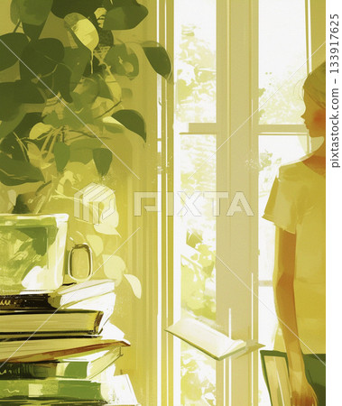 A warm, hand-drawn illustration of a woman standing by a window with a pile of books and a houseplant 133917625