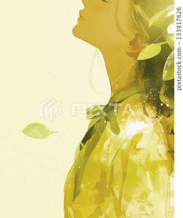 A warm, hand-drawn illustration of a woman's profile looking up at the sky amid fluttering leaves and light A warm, hand-drawn illustration of a woman's profile looking up at the sky amid fluttering leaves and light 133917626