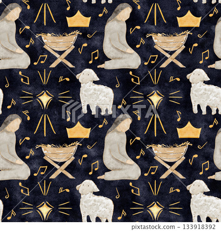 Kneeling Mary beside a manger, crown, lamb and a glowing golden star. Hand-painted watercolor nativity seamless pattern on dark blue background, ideal for Christmas cards, packaging, holiday designs. 133918392