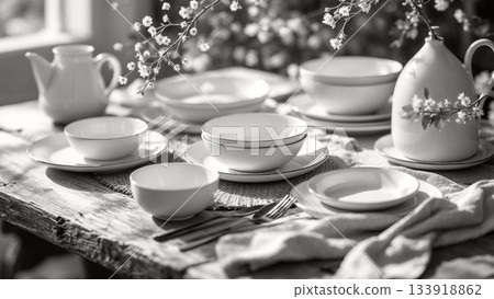 Full tableware white setup on a rustic wooden table with blooming flowers. Modern trendy tone hue shade color of the year 2026 133918862