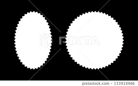Backdrops for postcards, letters, empty borders, Postage stamp template frames. Oval or circle blank vintage stamps. Tags, label, coupons, boxes with curvy, wavy, wiggly perforated edges. 133918986