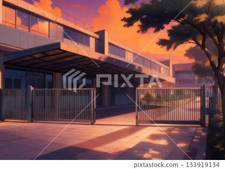 學校大門在夕陽的映照下泛著色彩。 133919134