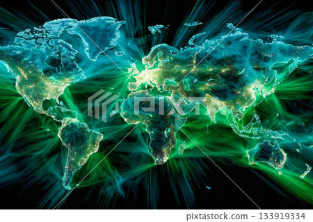 A global map showcases bright green-blue neon links and pulses, illustrating energy flow and connections between different regions of the world at night. 133919334