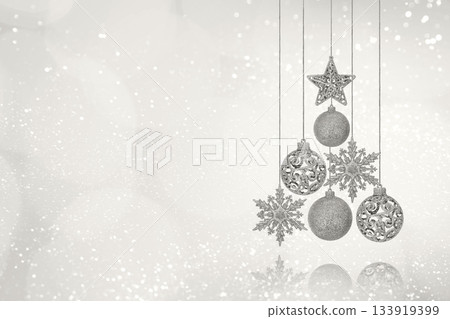 Demonstrating the colors of 2026 - Cloud Dancer. Christmas background with Christmas tree decorations with snowflake, star and ball and golden lights with copy space. New Year and Christmas card. Demonstrating the colors of 2026 - Cloud Dancer. Christmas background with Christmas tree decorations with snowflake, star and ball and golden lights with copy space. New Year and Christmas card. 133919399