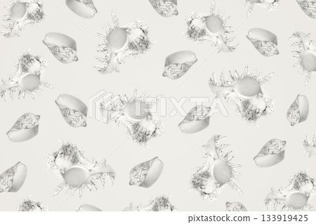 Demonstrating the colors of 2026 - Cloud Dancer. Gray abstract background of white and gray seashells. Color concept. 133919425