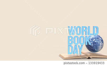 World Book Day Concept with Globe and Open Book 3d render. 133919433
