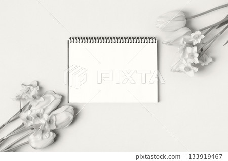 Demonstrating the colors of 2026 - Cloud Dancer. Opened blank notepad with flowers. Festive office desktop concept. Demonstrating the colors of 2026 - Cloud Dancer. Opened blank notepad with flowers. Festive office desktop concept. 133919467