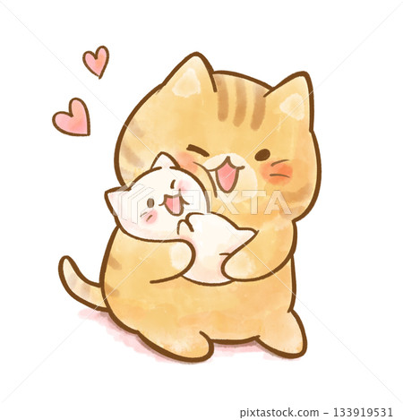 Watercolor illustration of a cat parent and child hugging and rubbing cheeks Watercolor illustration of a cat parent and child hugging and rubbing cheeks 133919531
