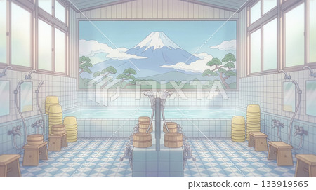 一張無人值守的動漫背景圖，描繪了一間復古的公共澡堂，牆上繪有富士山壁畫。 133919565