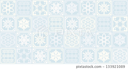 Pale blue pattern background of snowflake tiles (Scandinavian style, winter material) 133921089