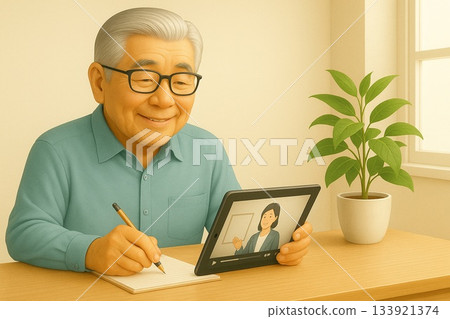 老年人在平板電腦上學習線上課程 133921374