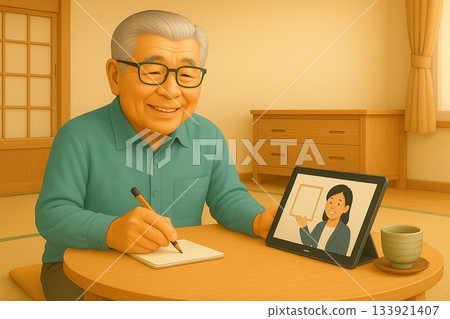 Elderly people taking online classes in their living rooms in Japan Elderly people taking online classes in their living rooms in Japan 133921407