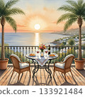 Spanish dinner at the sunset. Wicker chairs and a table with a floral tablecloth are set for two, displaying plates of food and glasses of red wine 133921484