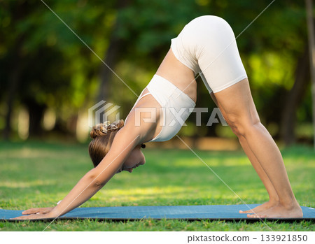 Girl in park on green grass of lawn performs Adho Mukha Svanasana Girl in park on green grass of lawn performs Adho Mukha Svanasana 133921850
