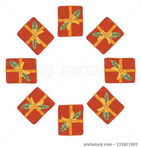 Vector illustration of a circular frame made of red gift boxes tied with ribbons. A festive Christmas border perfect for holiday cards, labels, packaging, and seasonal graphic design. Vector illustration of a circular frame made of red gift boxes tied with ribbons. A festive Christmas border perfect for holiday cards, labels, packaging, and seasonal graphic design. 133921905