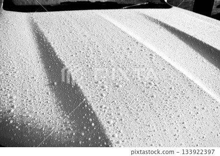 A frozen car hood on a sub-zero morning in black and white 133922397
