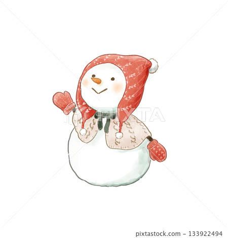 一幅溫馨的繪本風格插圖,描繪了一個戴著紅色針織帽和披風的雪人。 一幅溫馨的繪本風格插圖,描繪了一個戴著紅色針織帽和披風的雪人。 133922494
