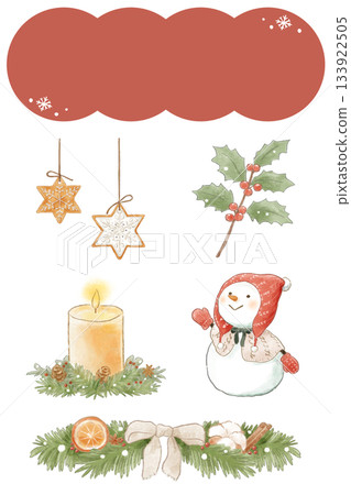 一套溫暖舒適的色鉛筆風格聖誕插畫（餅乾、冬青、蠟燭、雪人、裝飾品） 133922505