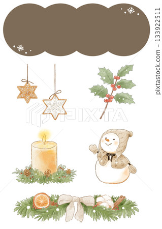 A warm and cozy colored pencil style Christmas illustration set (cookies, holly, candles, snowmen, decorations) 133922511