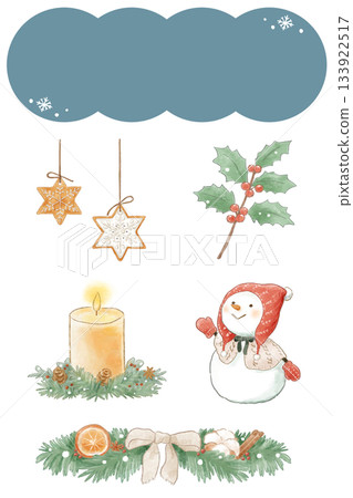A warm and cozy colored pencil style Christmas illustration set (cookies, holly, candles, snowmen, decorations) 133922517