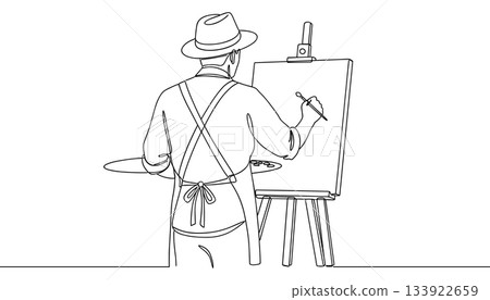 Artist drawing continuous line vector. Man painting on canvas minimal sketch vector 133922659