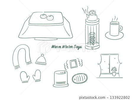 Hand-drawn line drawing illustration set of winter daily life and warmth Hand-drawn line drawing illustration set of winter daily life and warmth 133922802
