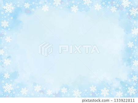 Cute watercolor light blue background surrounded by snowflakes 133922811