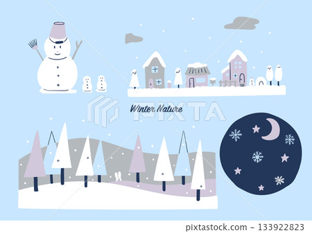 雪景球、冬季自然風光與城市景觀平面彩色插畫集 133922823