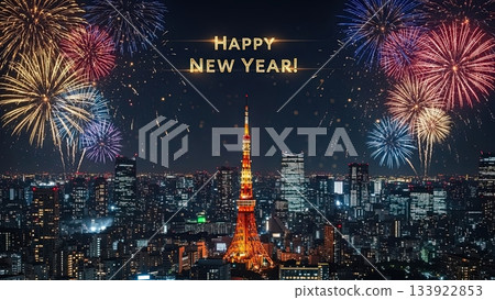 Happy New Year! New Year's cards for smartphones featuring Tokyo night views and gorgeous fireworks 133922853