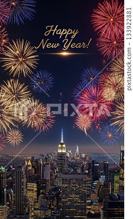 新年快樂！這張新年賀卡以紐約夜景和壯觀的煙火為主題。 133922881
