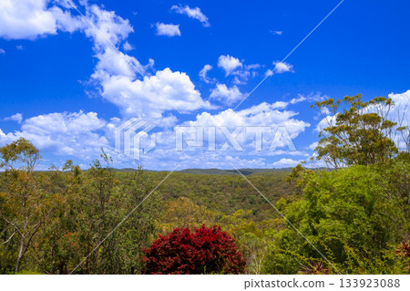 White Cumulus clouds floating across a bright blue sky over a valley 133923088