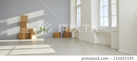 Banner background with empty living room in new house or apartment on moving day Banner background with empty living room in new house or apartment on moving day 133923145