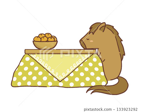 Illustration of a horse sitting in a kotatsu Illustration of a horse sitting in a kotatsu 133923292