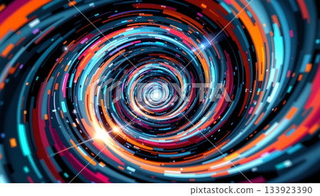 An abstract digital art piece featuring a vibrant, spiraling design with bright colors and a kaleidoscopic effect 133923390