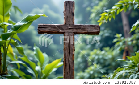 A weathered wooden cross prominently in the center against a backdrop of dense foliage 133923398
