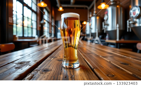 A close up view of a wooden table with a frothy glass of beer prominently displayed in the center A close up view of a wooden table with a frothy glass of beer prominently displayed in the center 133923403