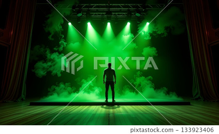 An indoor stage set up for a performance. A person stands in the center of the stage with a microphone stand in front of them An indoor stage set up for a performance. A person stands in the center of the stage with a microphone stand in front of them 133923406