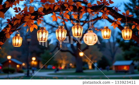 The photo features an illuminated string of lights hanging from a metal archway in what appears to be an outdoor park setting duri The photo features an illuminated string of lights hanging from a metal archway in what appears to be an outdoor park setting duri 133923411