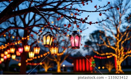 The scene captures a festive nighttime setting with Christmas lights illuminating the area The scene captures a festive nighttime setting with Christmas lights illuminating the area 133923412