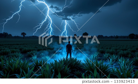 In the center of the image, there's a person standing in an open field at night In the center of the image, there's a person standing in an open field at night 133923413