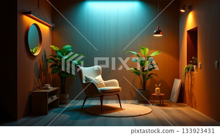 A cozy living room at night. Dominating the space is a plush armchair, invitingly lit by a floor lamp that casts a warm glow 133923431