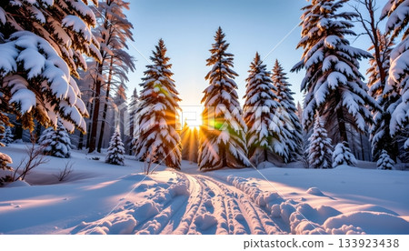 A serene winter scene features a snowy forest with evergreen trees blanketed in snow 133923438