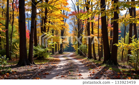 A picturesque autumn forest scene with a road leading through it A picturesque autumn forest scene with a road leading through it 133923459
