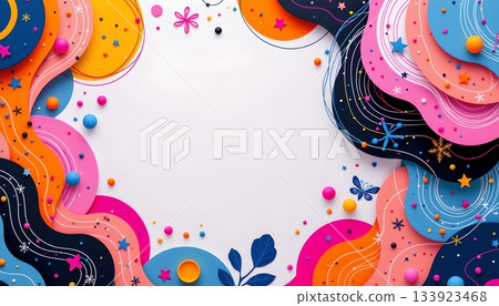 A vibrant and colorful illustration with abstract shapes and patterns that create a lively and dynamic atmosphere A vibrant and colorful illustration with abstract shapes and patterns that create a lively and dynamic atmosphere 133923468