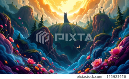 A vibrant and fantastical landscape, featuring rolling hills dotted with lush greenery and majestic mountains A vibrant and fantastical landscape, featuring rolling hills dotted with lush greenery and majestic mountains 133923656