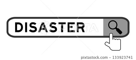 Search banner in word disaster with hand over magnifier icon on white background Search banner in word disaster with hand over magnifier icon on white background 133923741