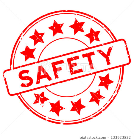 Grunge red safety word with star icon round rubber seal stamp on white background Grunge red safety word with star icon round rubber seal stamp on white background 133923822