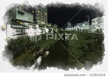 長野縣松本市目鳥場川松本名手通商店街水彩畫 133923838