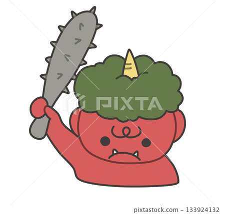 Illustration of a cute red demon (half body) holding a club 133924132